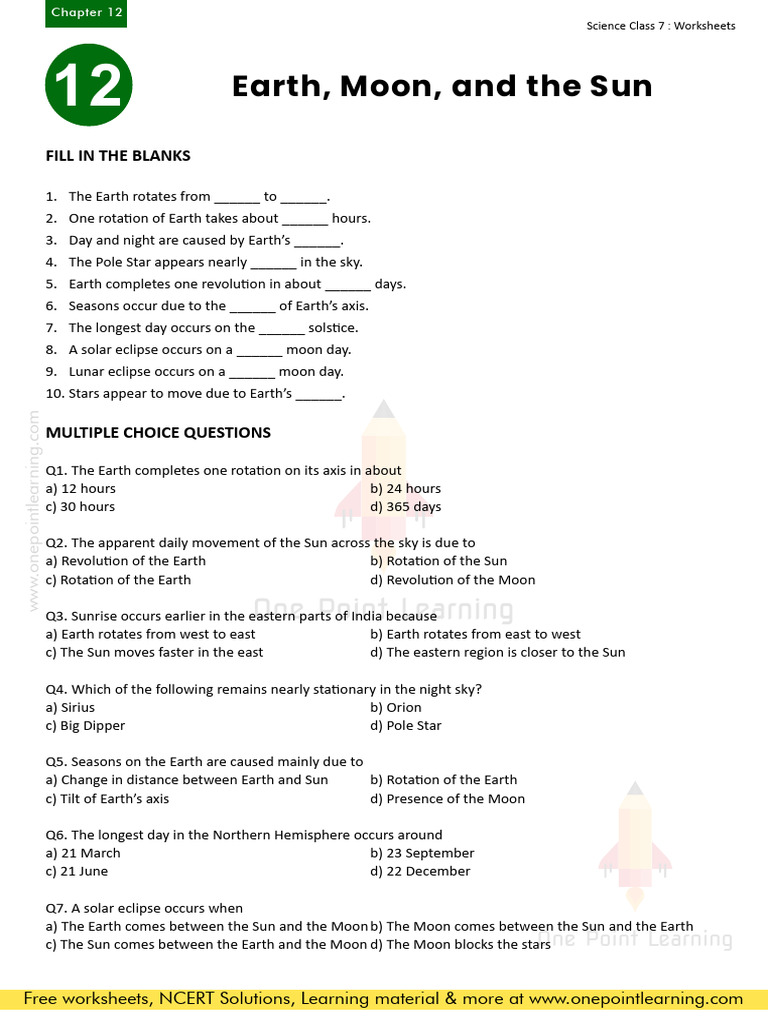Class 7 Science Curiosity Chapter 12 Earth Moon and The Sun Worksheet ...