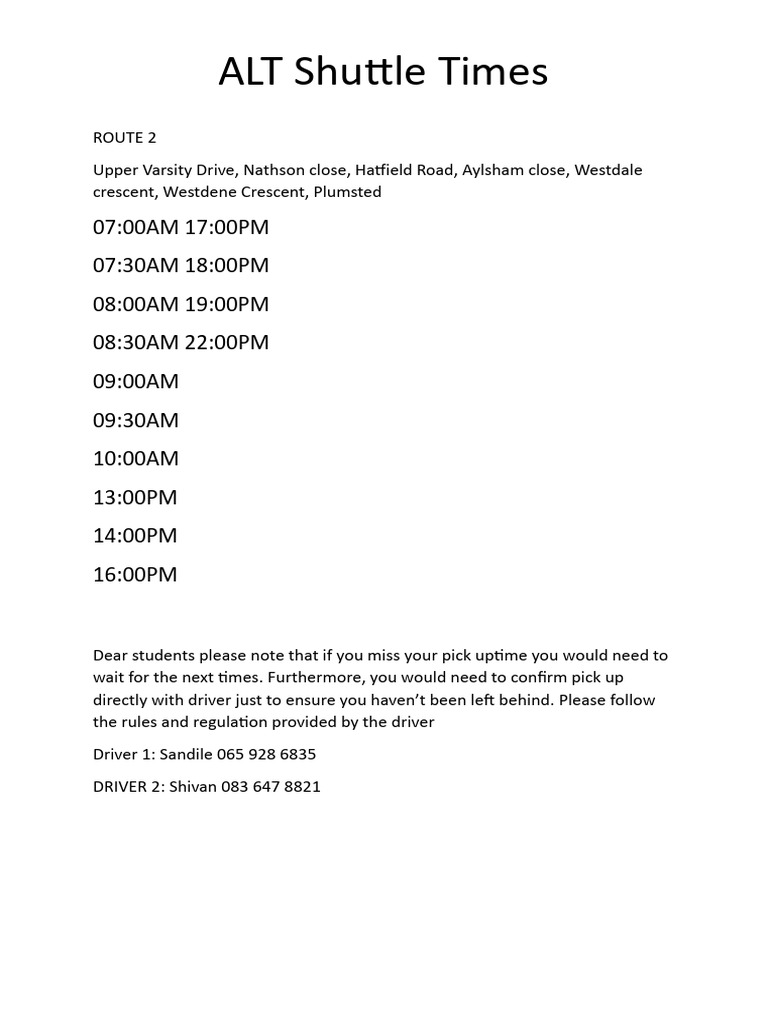 Route Two Shuttle Time | PDF