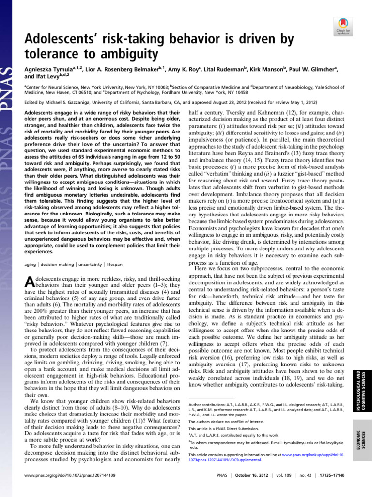 Tymula Et Al 2012 Adolescents Risk Taking Behavior is Driven by ...