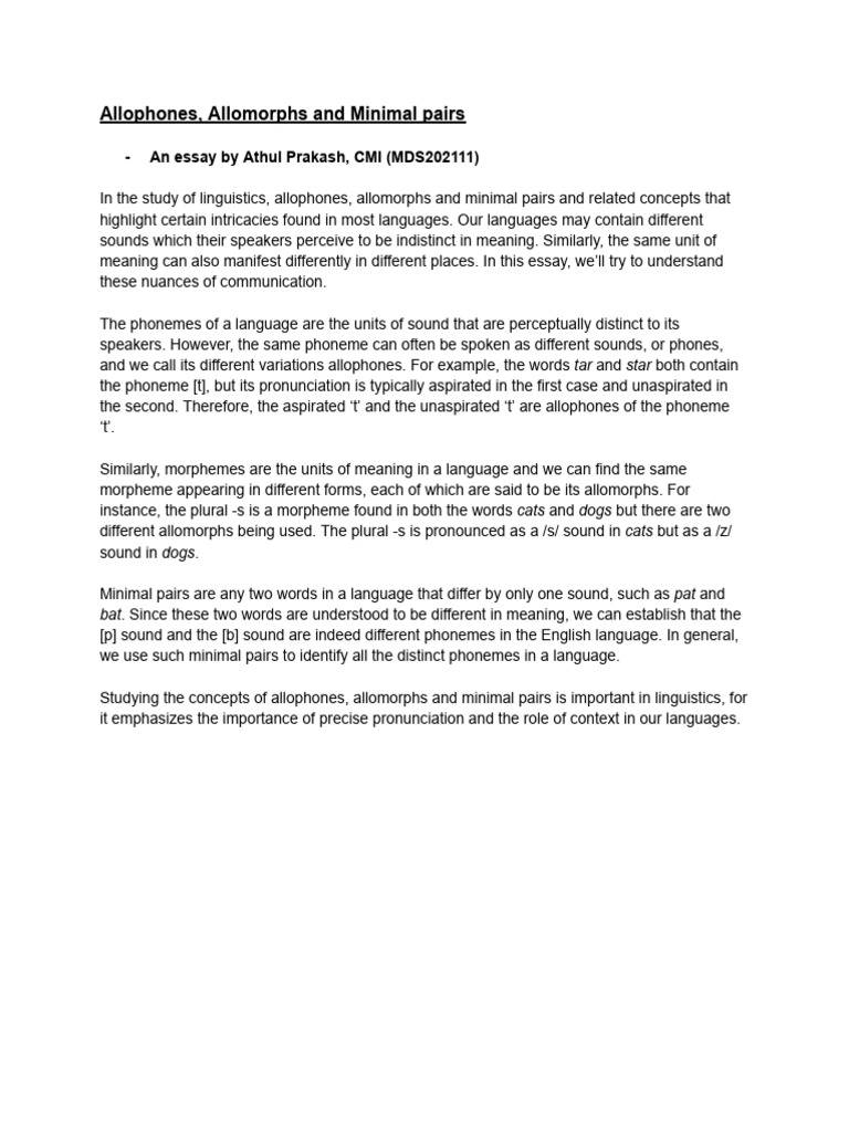 Linguistics Essay - Alllophones, Allomorphs and Minimal Pairs (1) | PDF