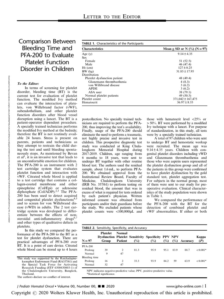 Comparison Between Bleeding Time and PFA 200 To.97155-2 | PDF ...