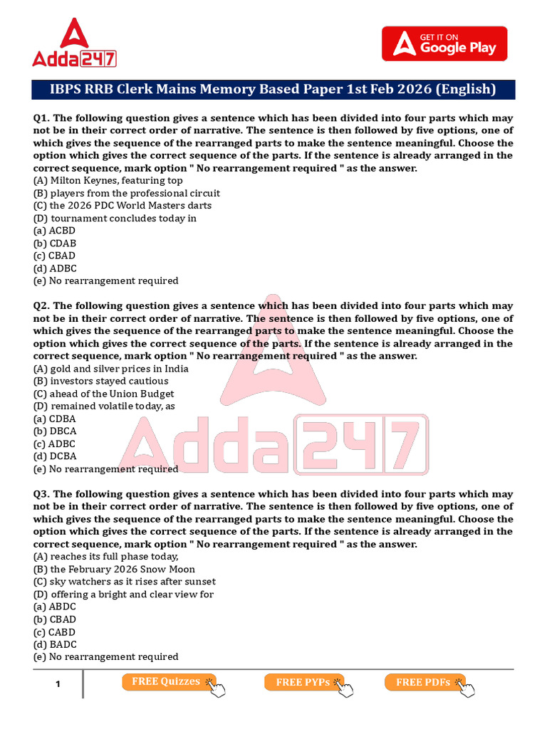 IBPS RRB Clerk Mains Memory Based Paper 1st Feb 2026 English | PDF ...