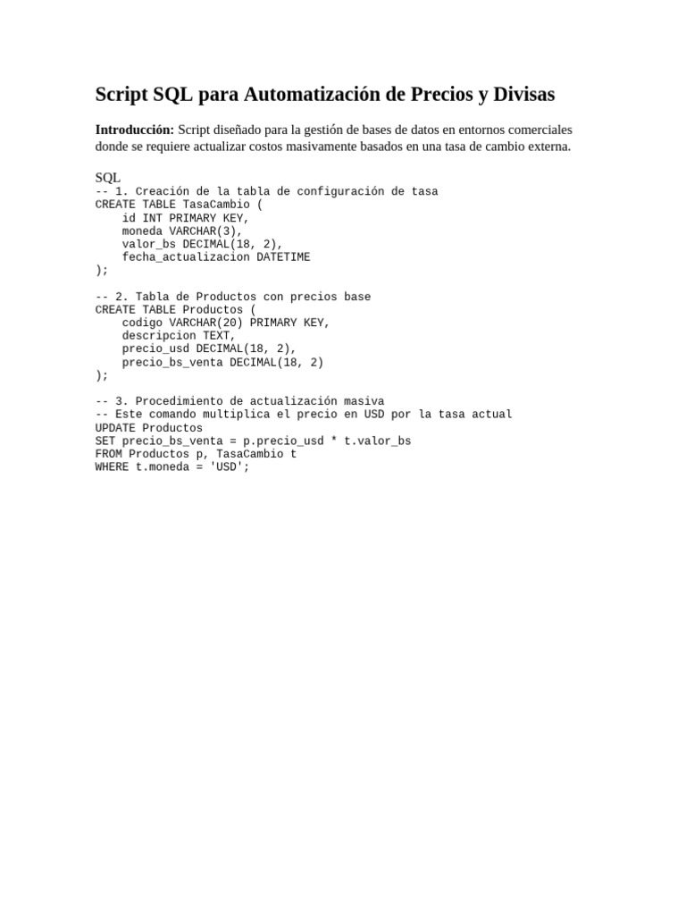 Script SQL Para Automatización de Precios y Divisas | PDF