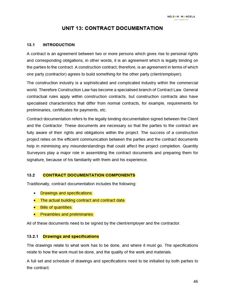 Unit 13 - Contract Documentation | PDF | Specification (Technical ...