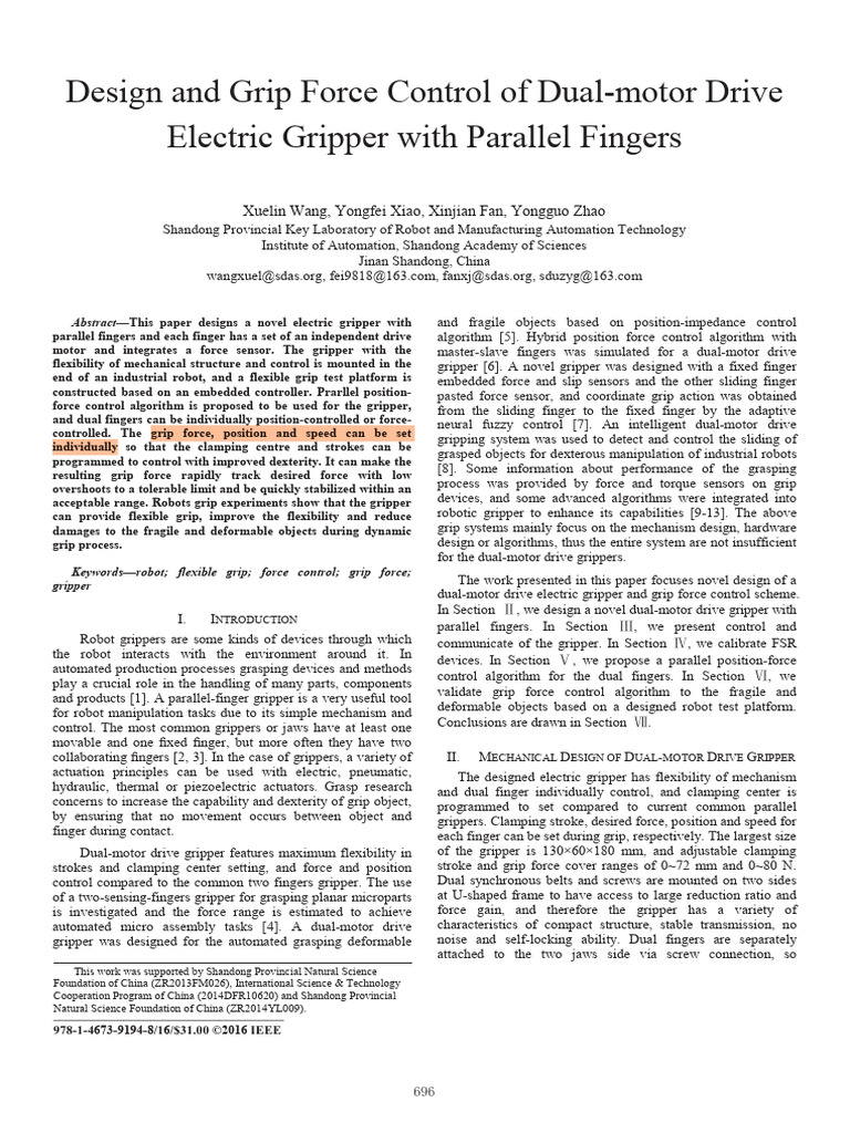 Design and Grip Force Control of Dual-Motor Drive Electric Gripper With ...
