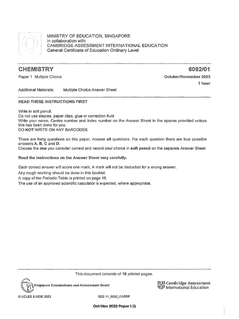 2023 O Level Chemistry P1 | PDF