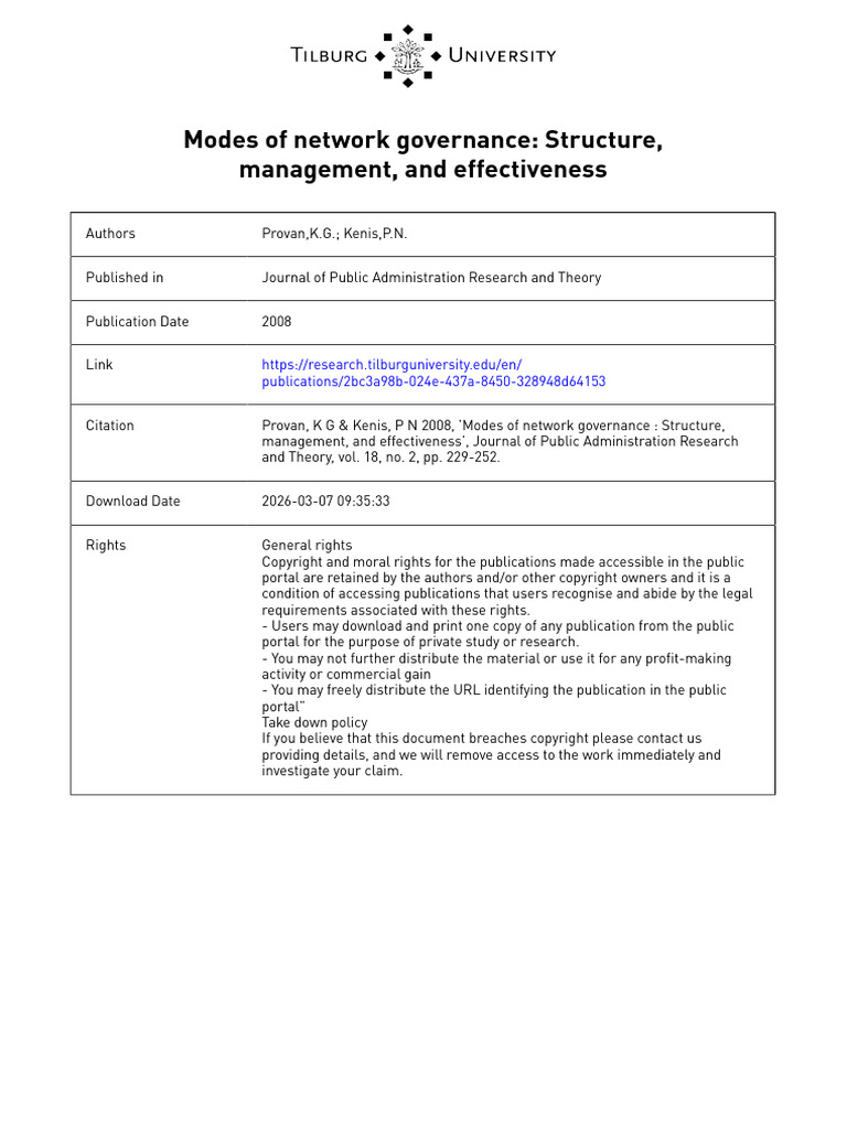 Modes of Network Governance-Structure, Management and Effectiveness | PDF