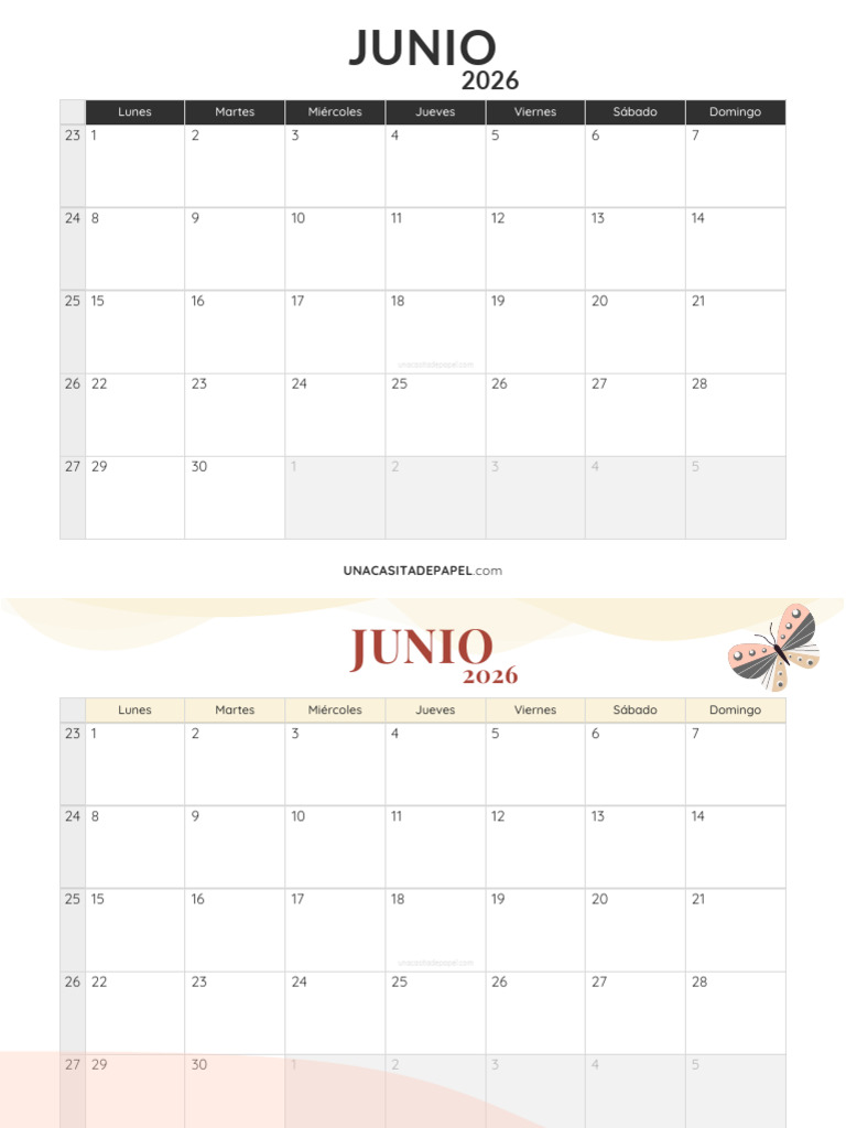 Calendario Junio 2026 - UnaCasitaDePapel.com | PDF