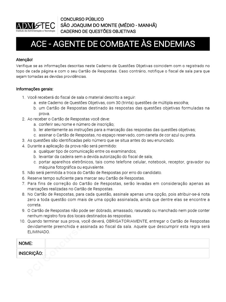 Prova ACE - Agente de Combate Às Endemias - Pref. São Joaquim Do ...
