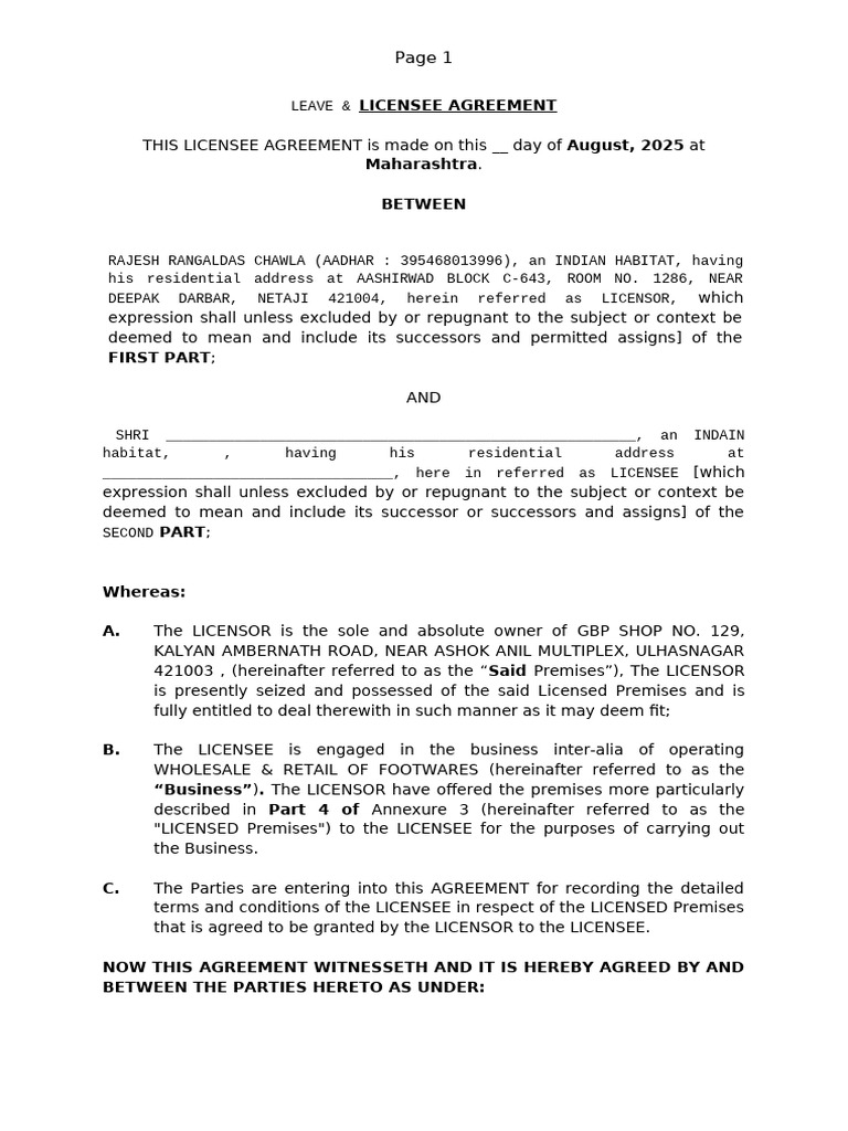 Leave and License Revised Licensor Safe | PDF | License | Landlord