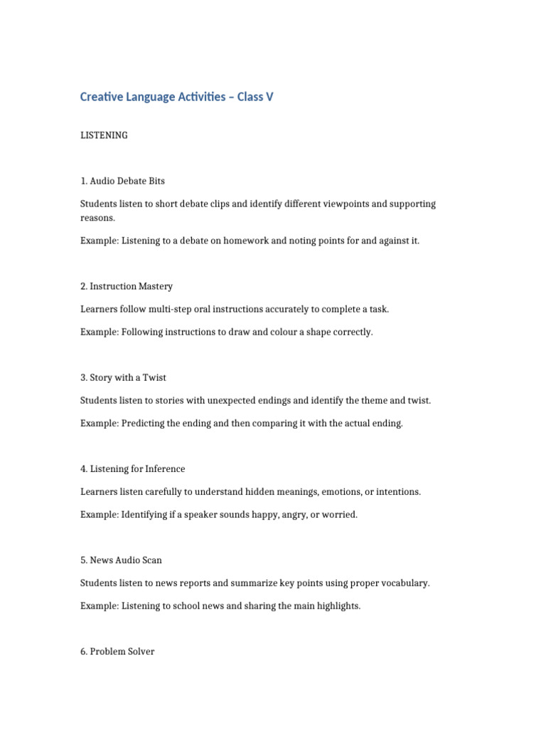 Creative Language Activities Class V | PDF | Cognitive Science | Human ...