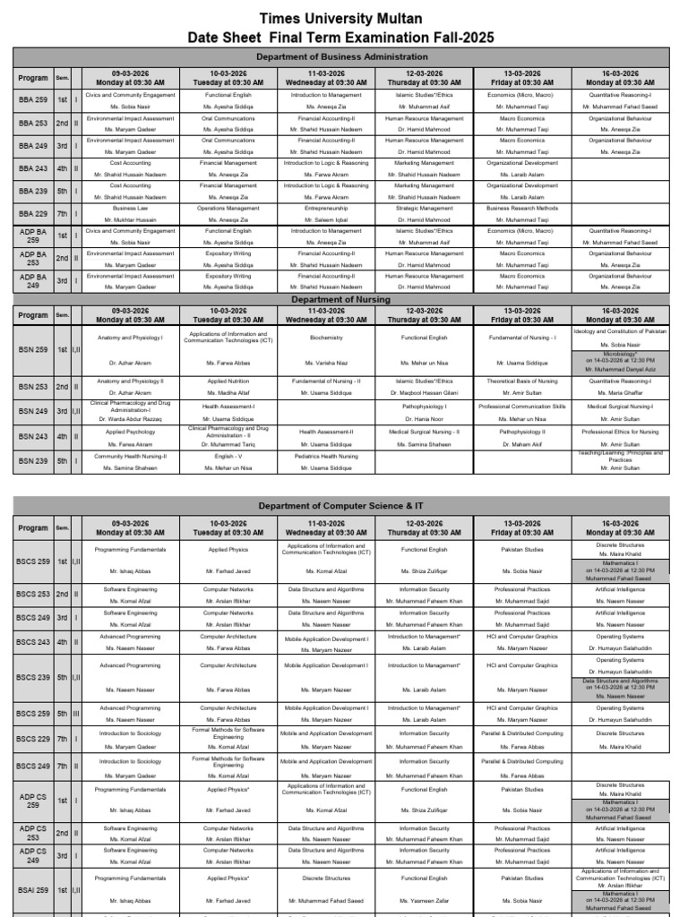 Revised & Updated Date Sheet Final Term Fall-2025-1 | PDF