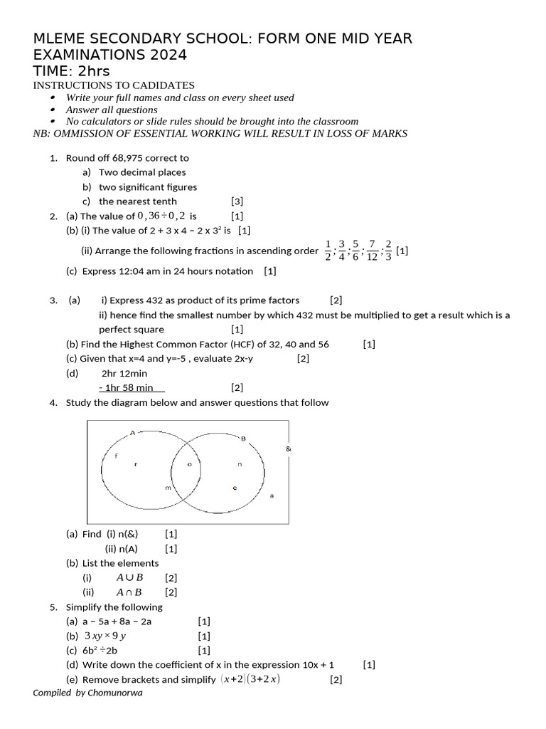 Maths f1 Mid Year 2024 Mleme Sec | PDF | Discrete Mathematics | Number ...