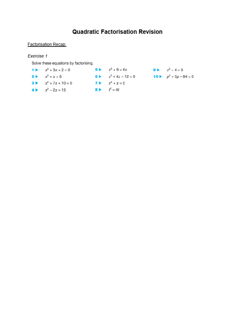 Quadratics Factorisation Worksheet Sec School | PDF