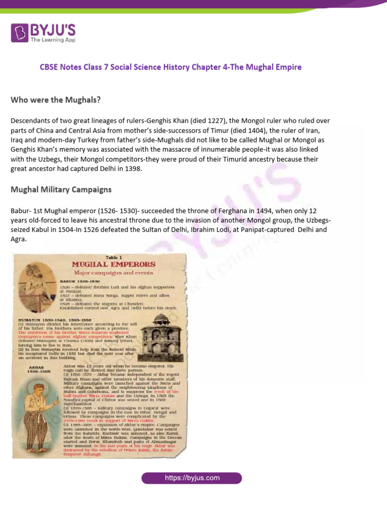 CBSE Notes Class 7 Social Science History Chapter 4 The Mughal Empire | PDF
