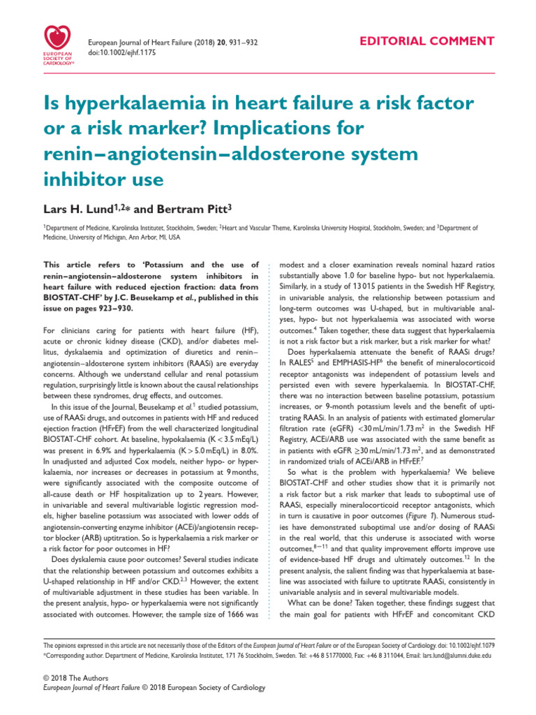 2018 is Hyperkalaemia in Heart Failure a Risk Factor or a Risk Marker ...