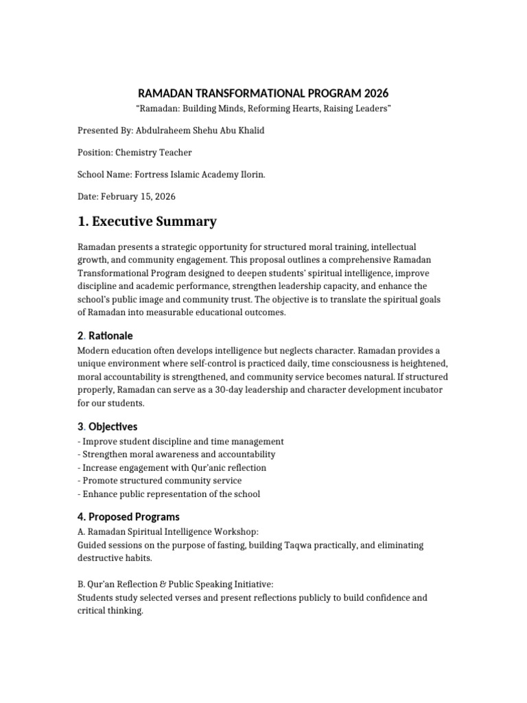 Ramadan Transformational Program Proposal 2026 | PDF | Ramadan | Leadership
