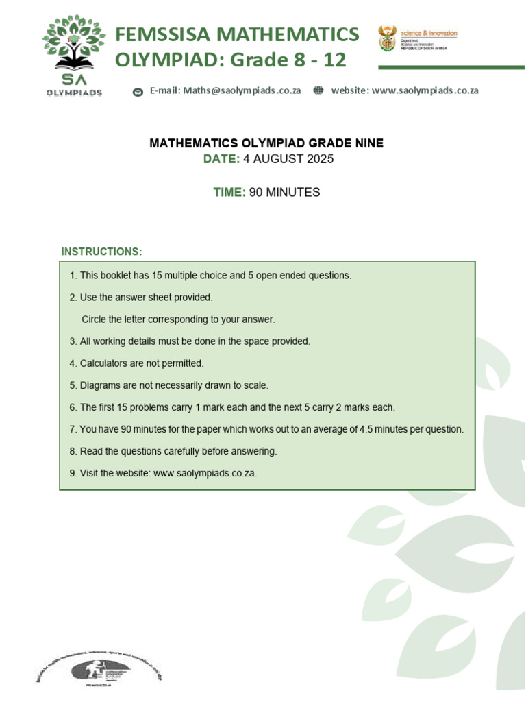 FEMSSISA Grade 9 Mathematics Olympiads 2025 - 1 | PDF | Mathematics