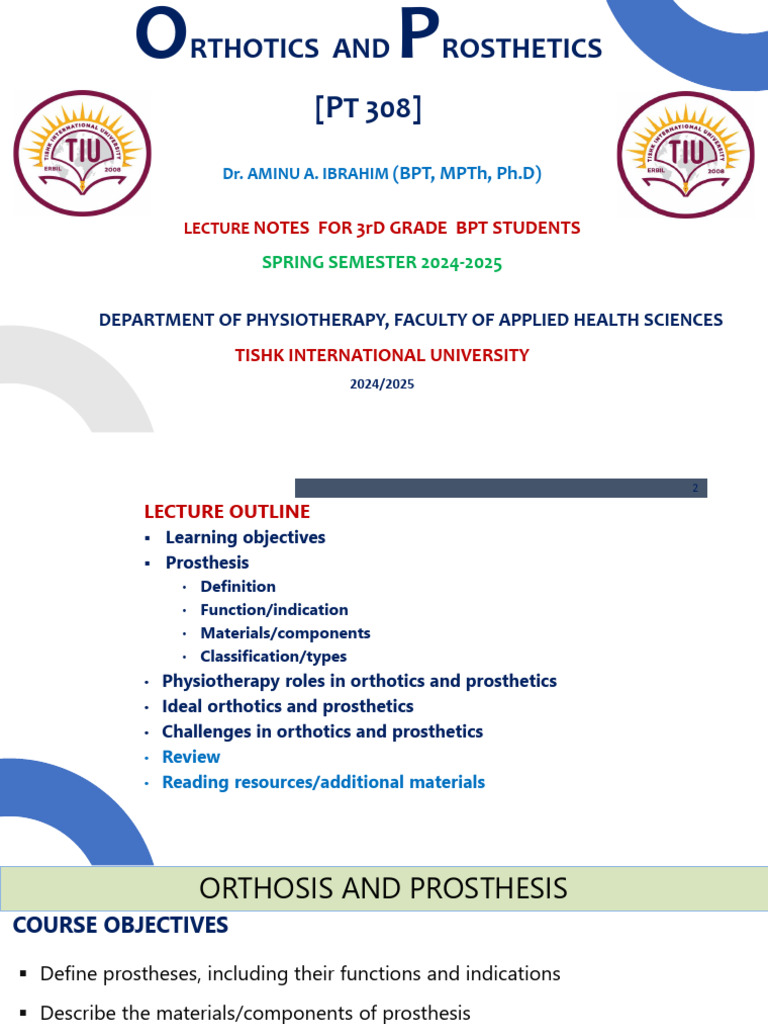 PT 308 Prosthetics | PDF | Prosthesis | Medical Specialties