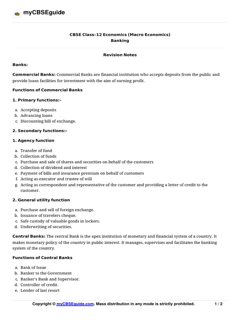 12 Economics Notes Banking | PDF | Money Creation | Banks