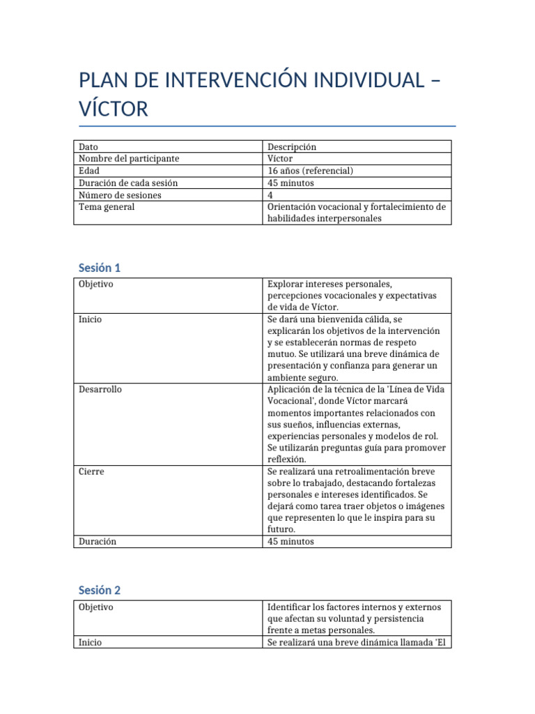 Plan de Intervencion Victor | PDF | Modificación de comportamiento ...