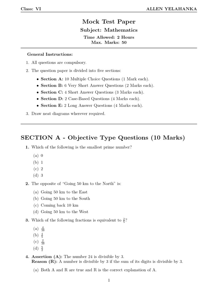 Class 6 Mock Test 11012026 | PDF | Elementary Geometry | Arithmetic