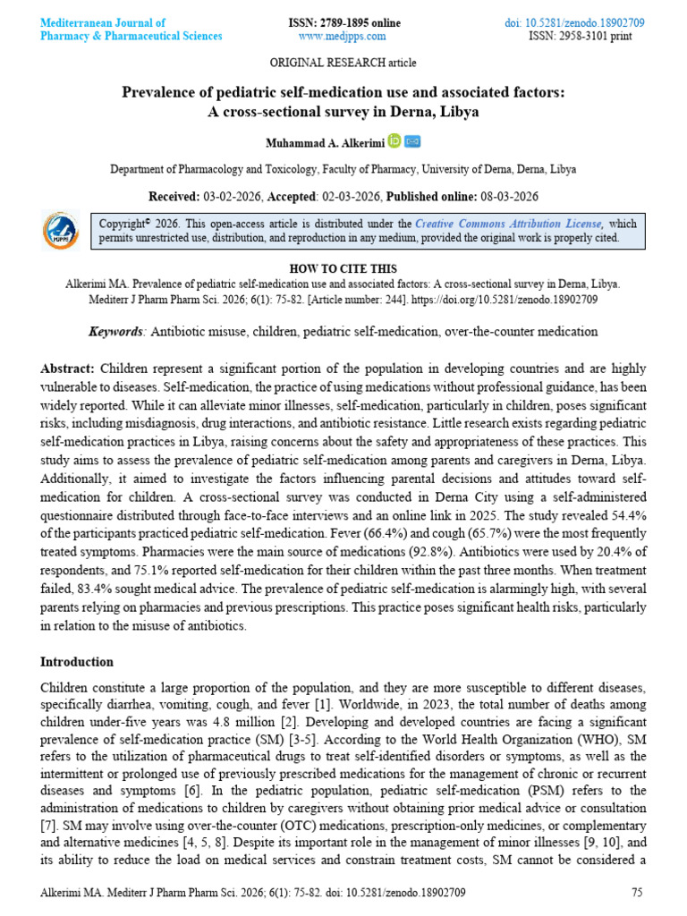 Prevalence of Pediatric Self-Medication Use and Associated Factors: A ...