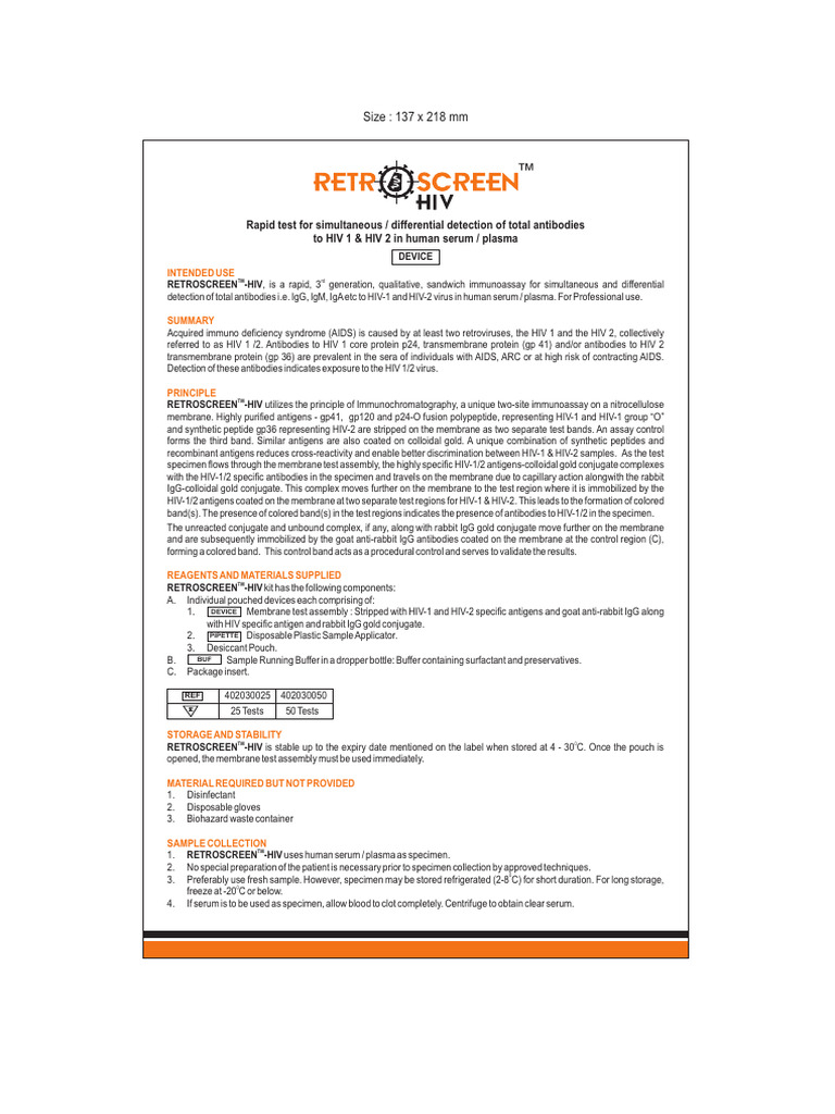 Retroscreen (Device) Ifu | PDF | Hiv | Antibody