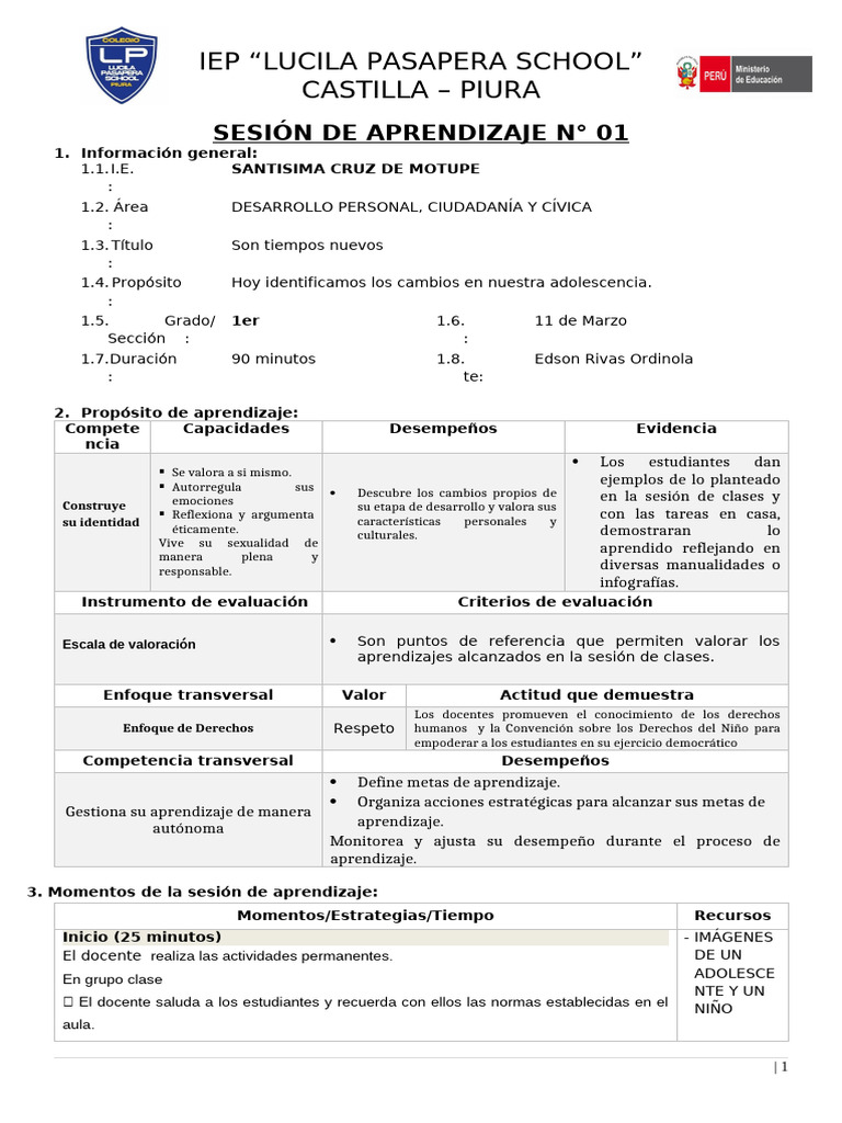 Sesion 1 de Aprendizaje | PDF | Aprendizaje | Salón de clases