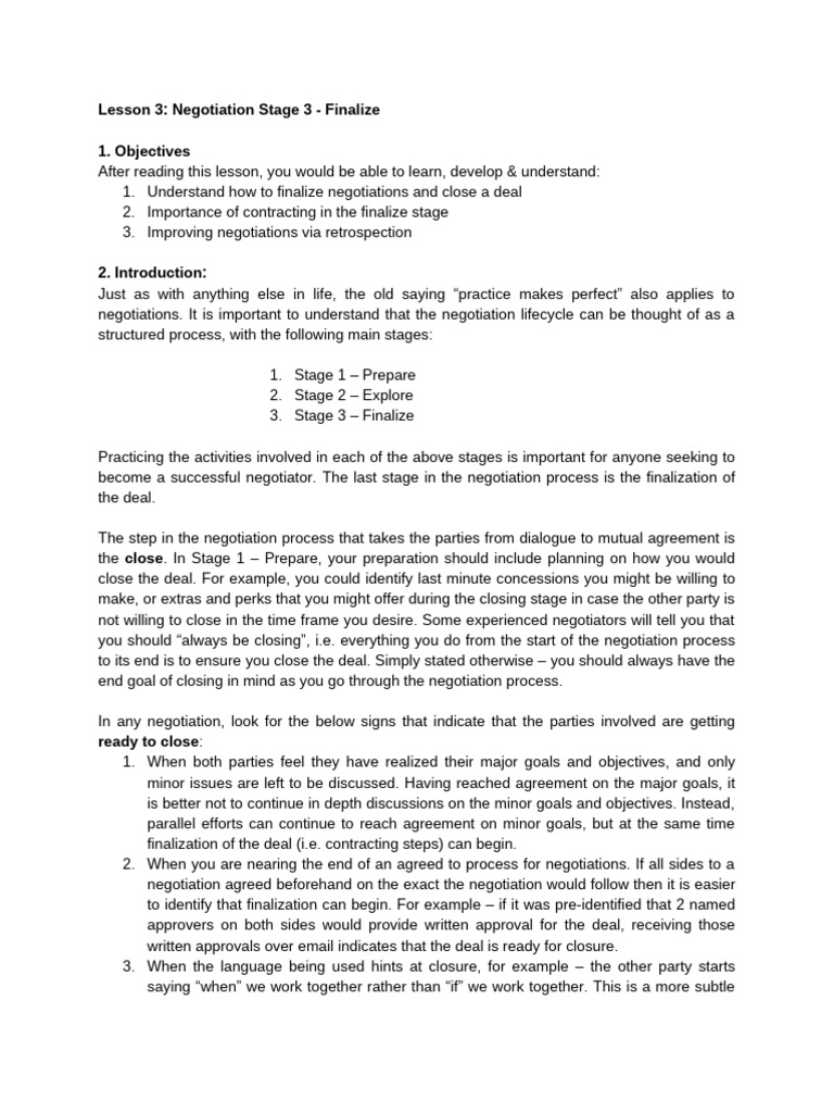 Lesson 3 Unit 3 Finalize Phase in Negotiations | PDF | Negotiation ...