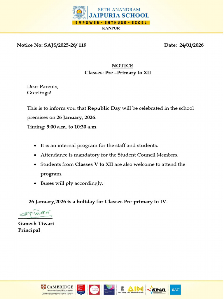 Notice For Classes Pre-Primary To XII (24.01.2026) | PDF