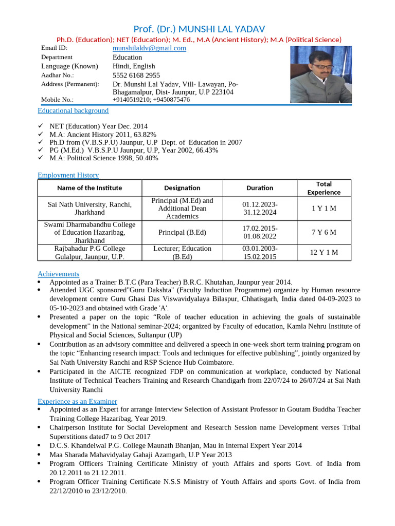 Resume Dr. Munshi Lal Yadav | PDF