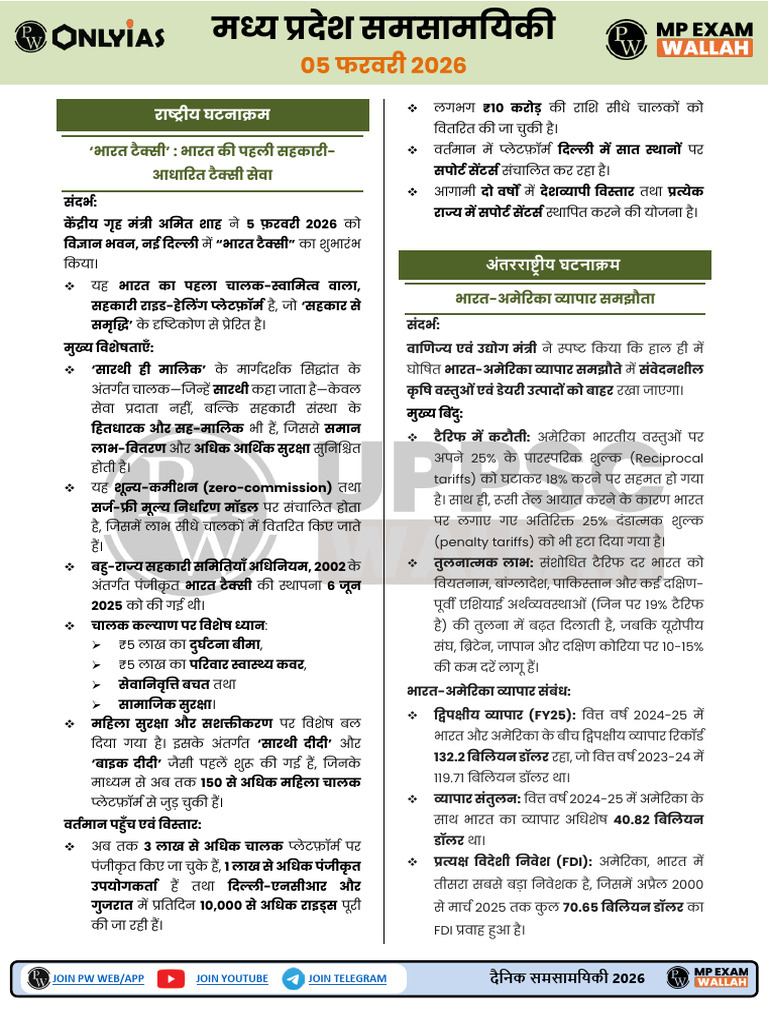 Daily Current Affairs 05 February 2026 MPPSC Hindi Dharmendra | PDF