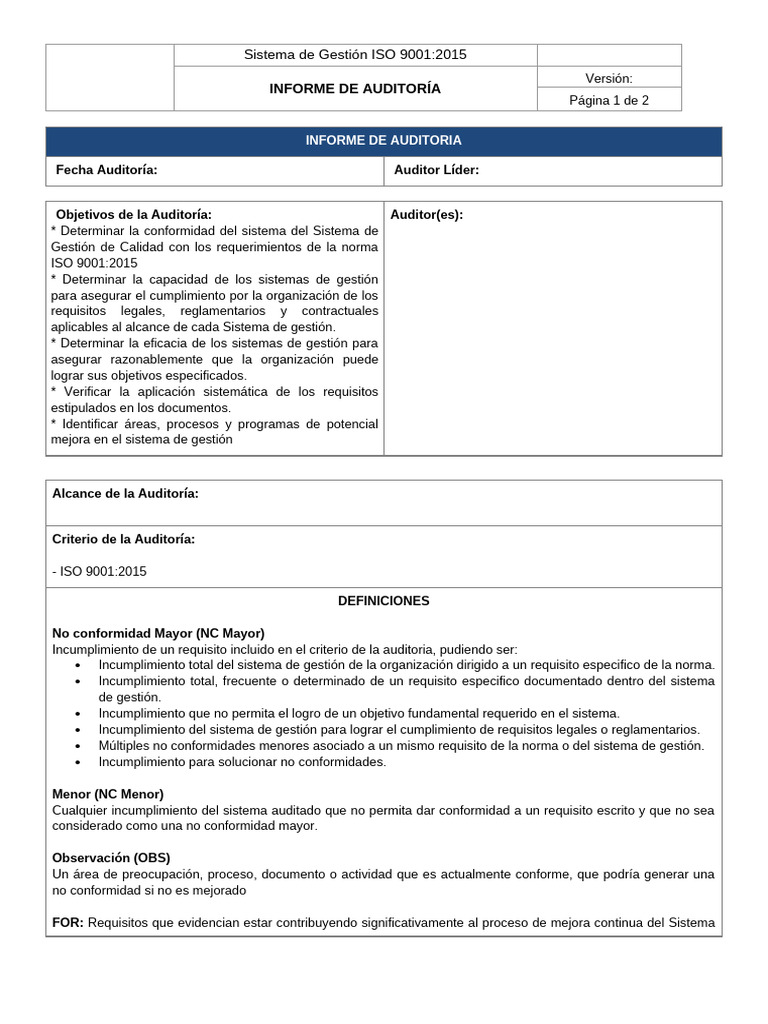 Modelo de Informe Auditoría Interna ISO 90012015 | PDF | Auditoría ...