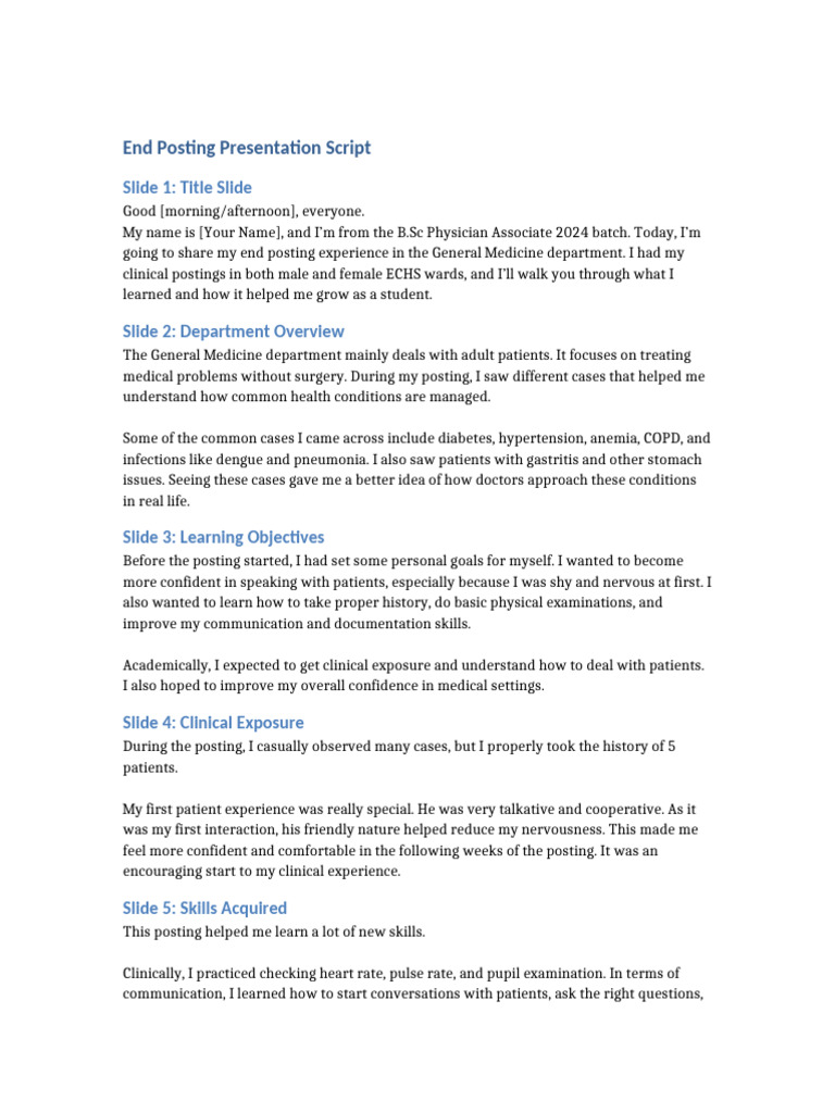 End Posting Presentation Script | PDF | Mentorship | Internal Medicine