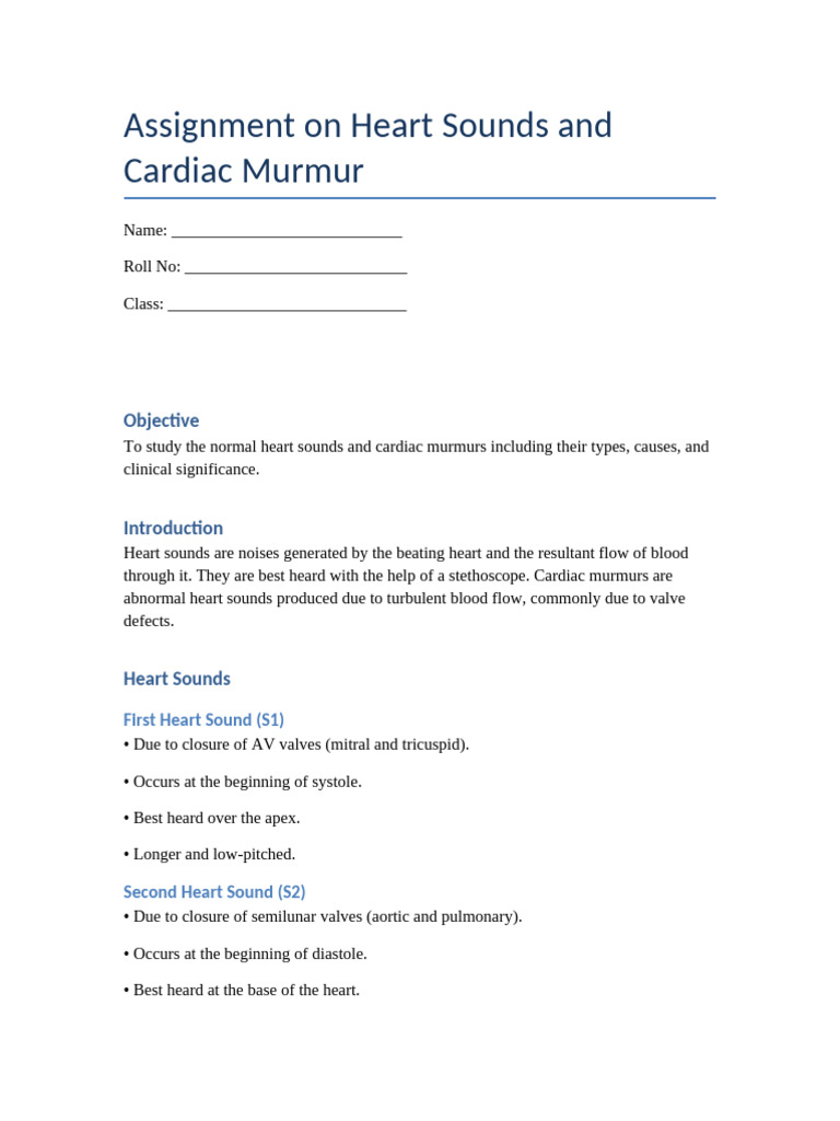 Heart Sounds and Cardiac Murmur Assignment | PDF | Heart | Heart Valve