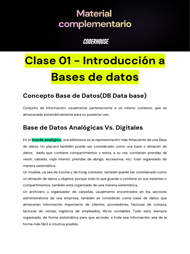 Clase 01 - SQL - Introducción A Bases de Datos | PDF | SQL | Bases de datos