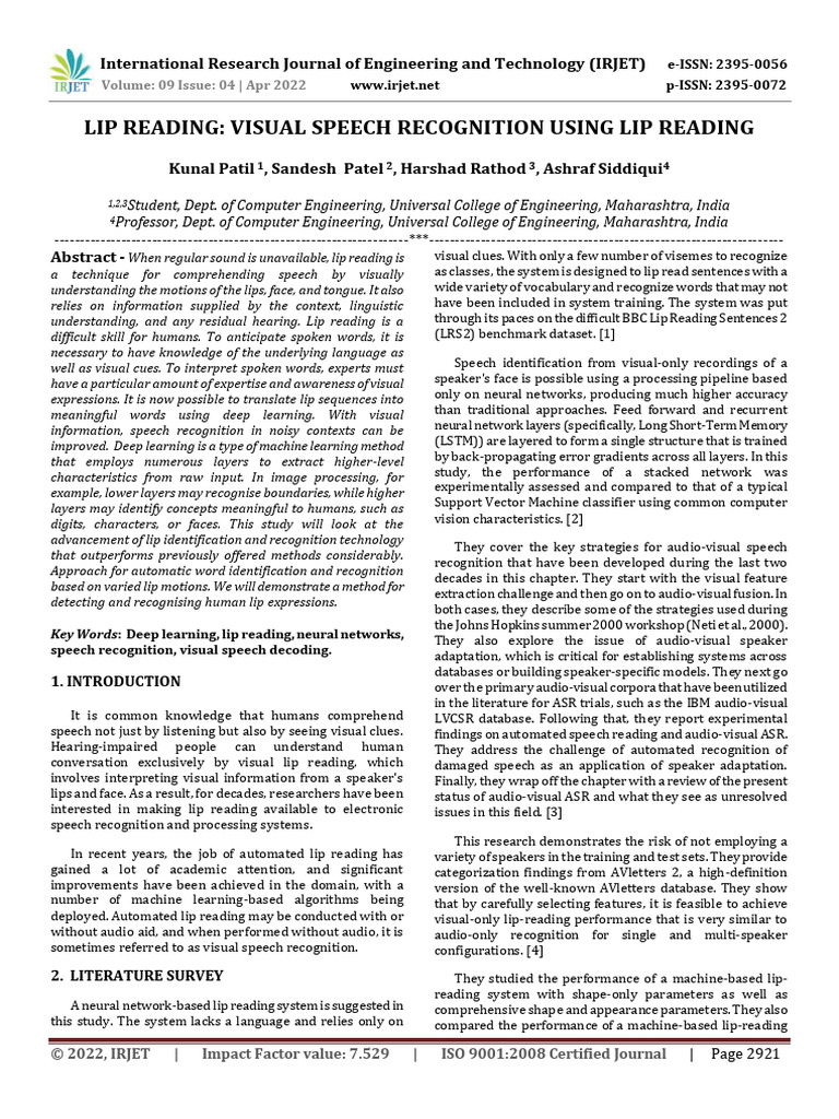 Lip Reading Visual Speech Recognition Us-2 | PDF | Speech Recognition ...