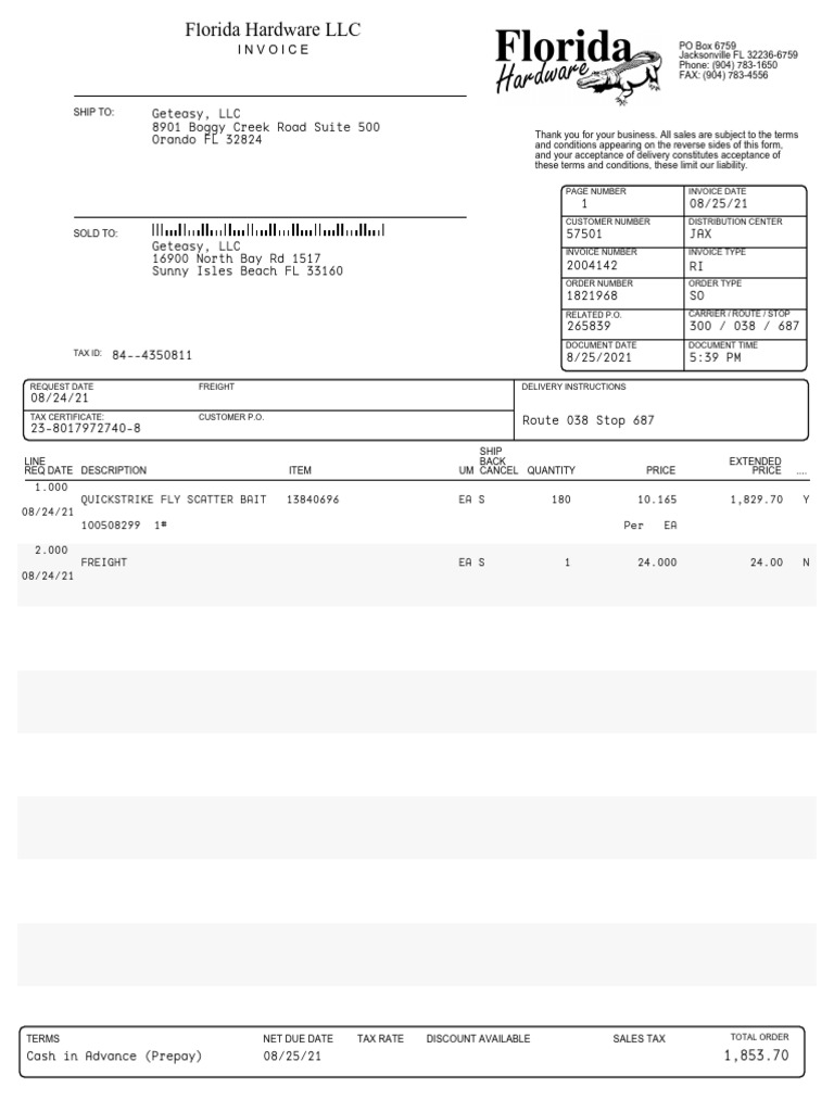 Florida Hardware Invoice 2004142 | PDF | Damages | Indemnity
