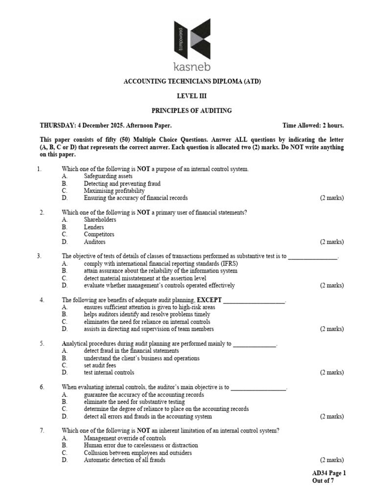 Principles of Auditing Past Papers (1) | PDF | Audit | Internal Control