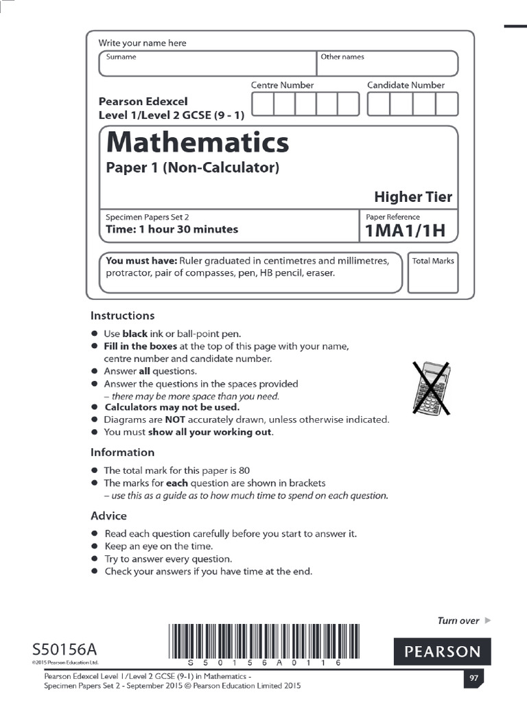 Edexcel GCSE Maths Specimen Set 2 Paper 1H | PDF