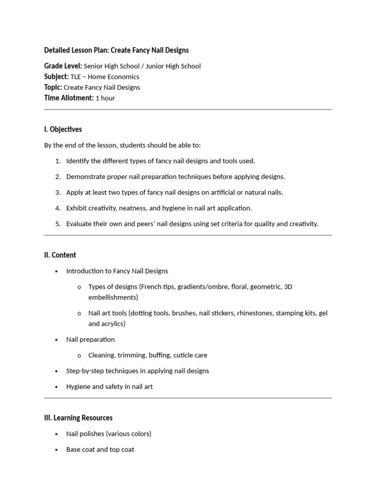 Detailed Lesson Plan in Nail Care | PDF | Nail (Anatomy)
