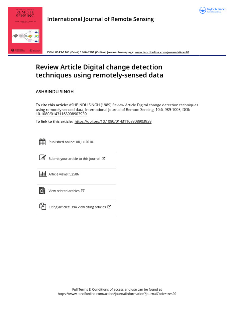 Review Article Digital Change Detection Techniques Using Remotely ...