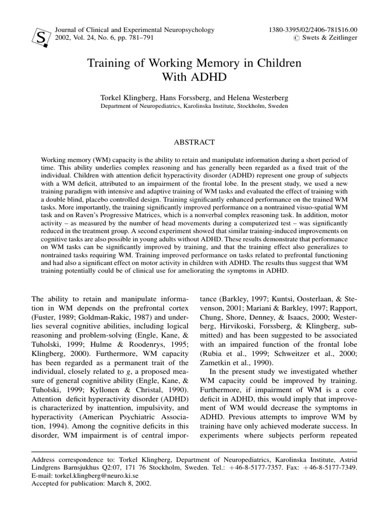 Klinberg Et Al., 2002 Training of Working Memory in Children With ADHD ...