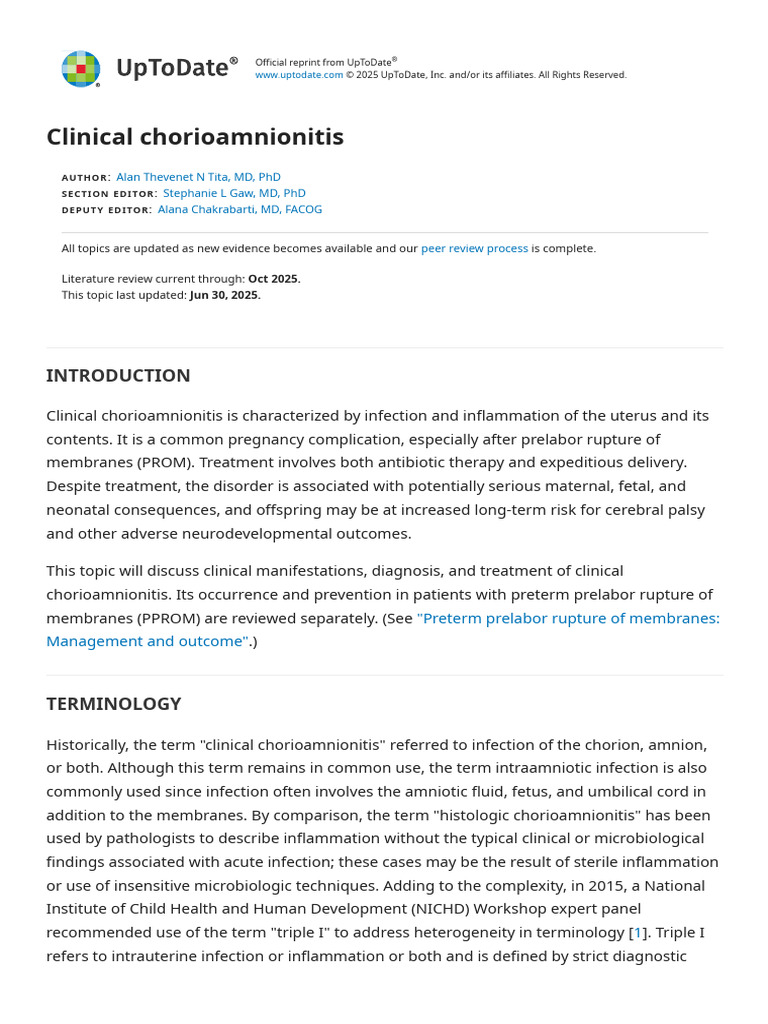 Clinical Chorioamnionitis - UpToDate | PDF | Childbirth | Preterm Birth