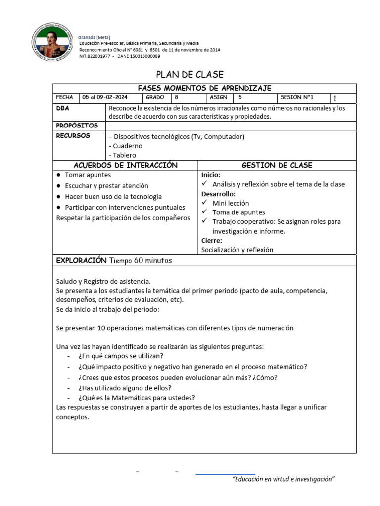 Plan de Clase Matematicas 8 Primer Periodo | PDF
