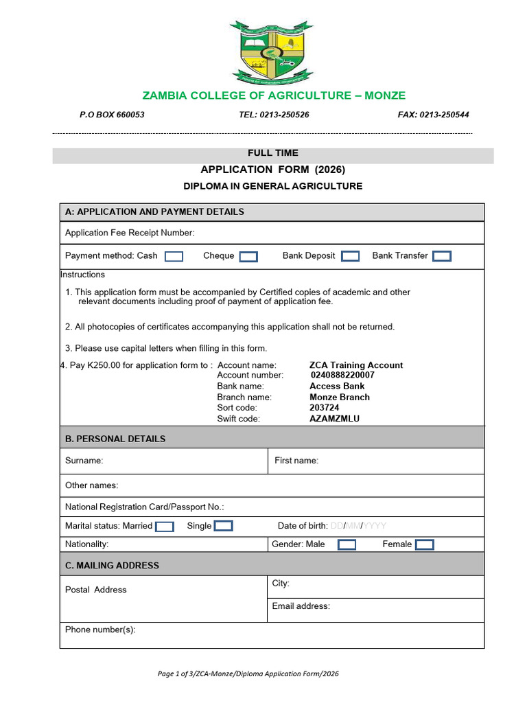 Application Form Dip 2026 Full Time1 | PDF | Payments | Science