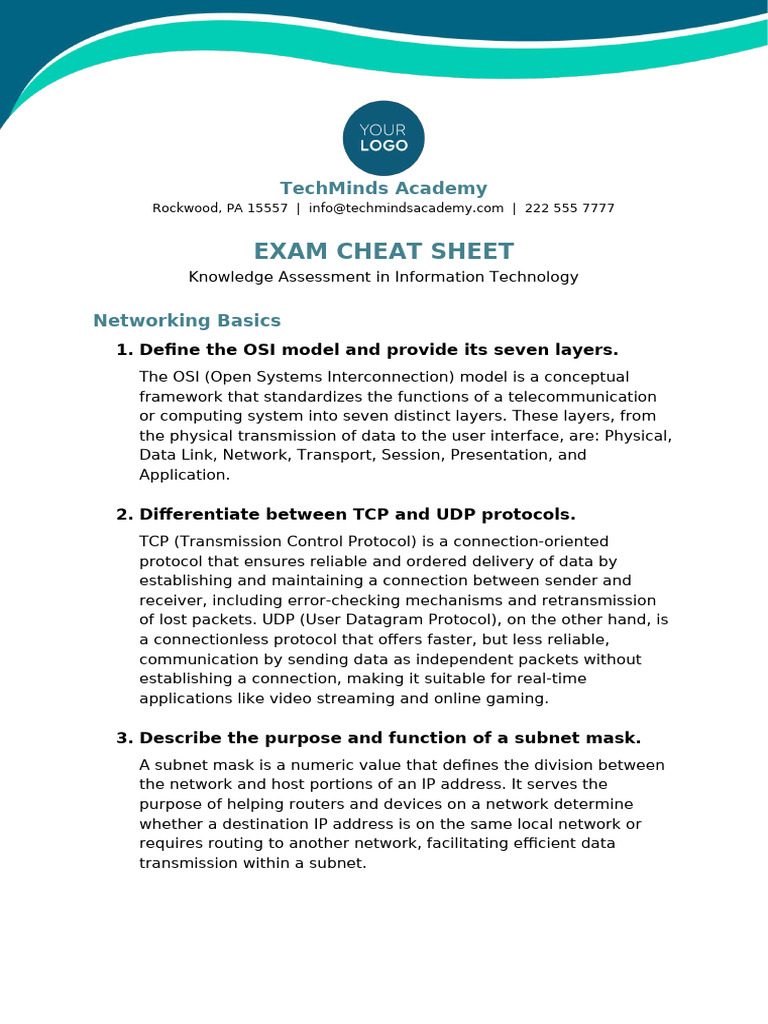 Exam Cheat Sheet Template 2 | PDF | Computer Network | Osi Model
