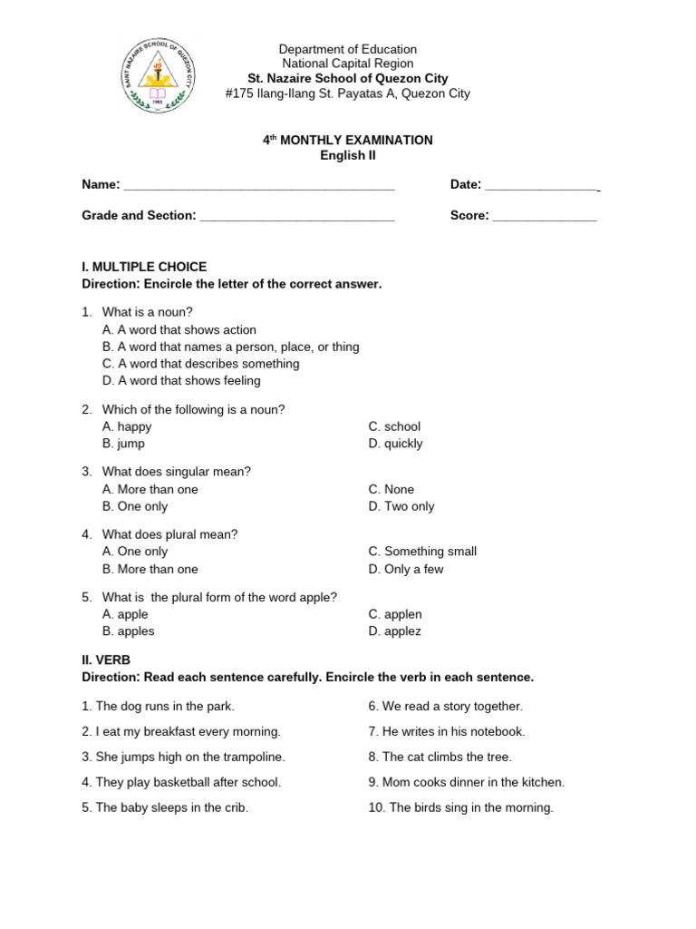Grade 2 Monthly Test - English | PDF | Sentence (Linguistics) | Linguistics