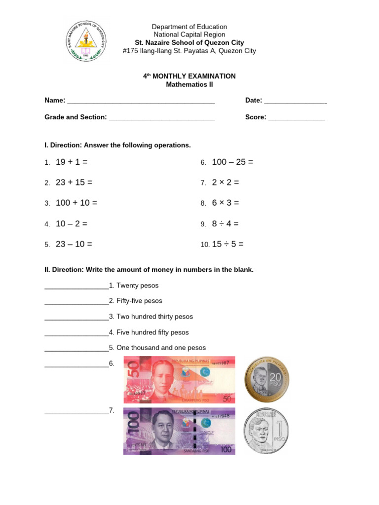 Grade 2 Monthly Test - Math | PDF